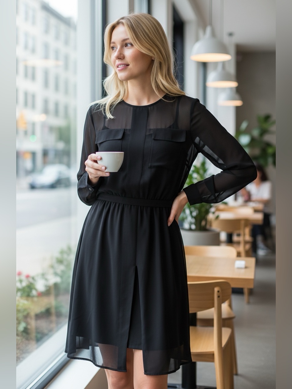 Reiss Sheer Top & Sleeves Belted Dress